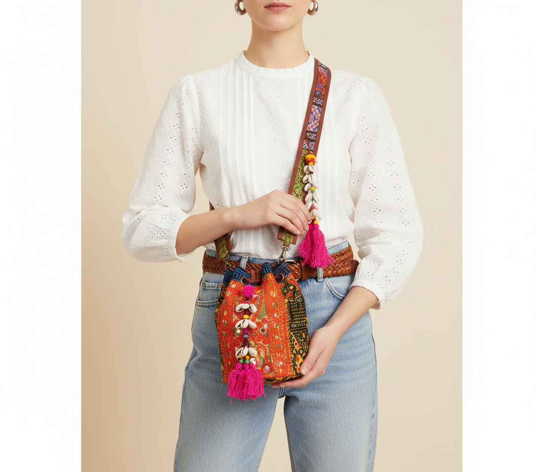 Shell Tassel Tangerine Spark (Mini) bucket bag styled on hook — Mystic Dhaga