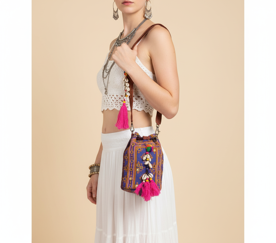 Shell Tassel Violet Aura (Mini) bucket bag front view — Mystic Dhaga