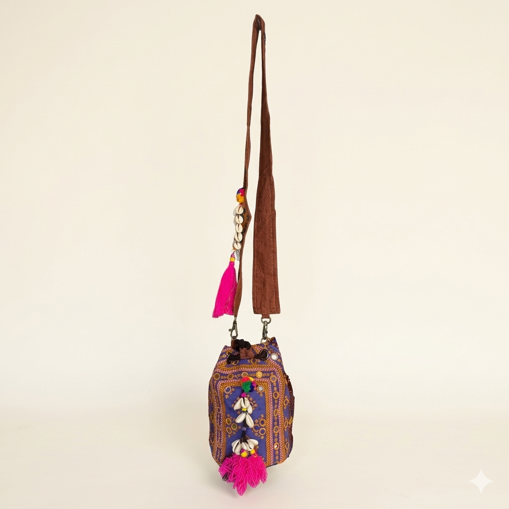 Shell Tassel Violet Aura (Mini) bucket bag side view showing depth