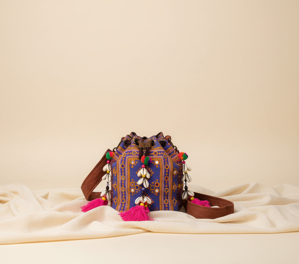 Model walking with Shell Tassel Violet Aura (Mini) bucket bag — lifestyle shot