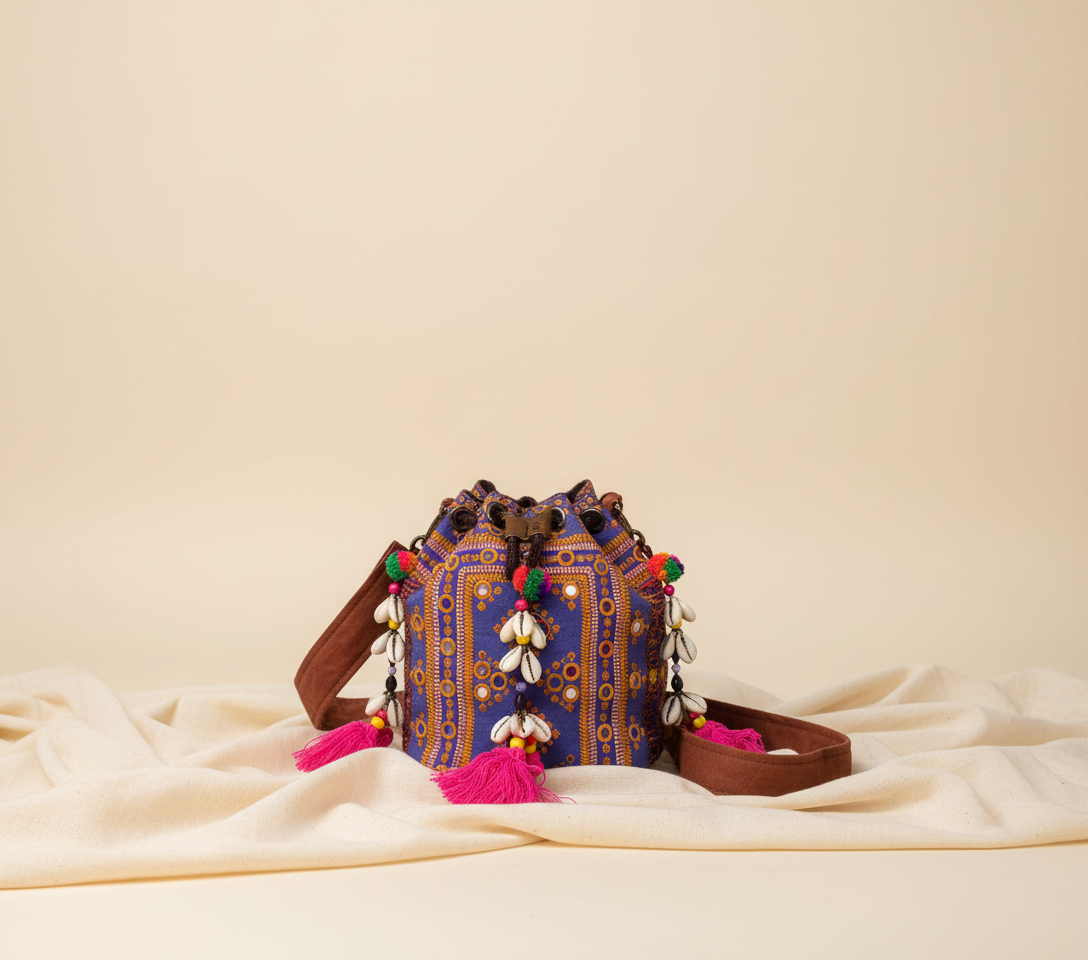 Model walking with Shell Tassel Violet Aura (Mini) bucket bag — lifestyle shot