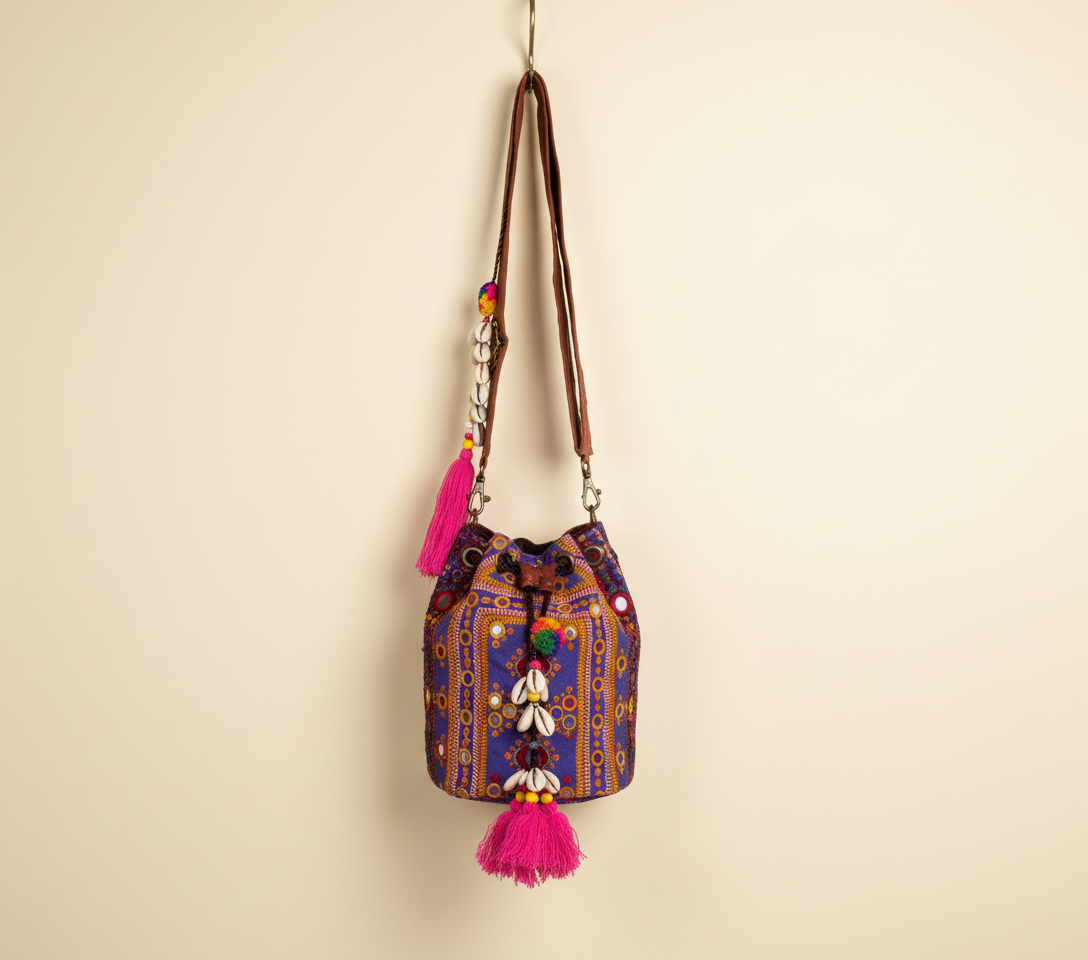 Shell Tassel Violet Aura (Mini) bucket bag styled on hook — Mystic Dhaga