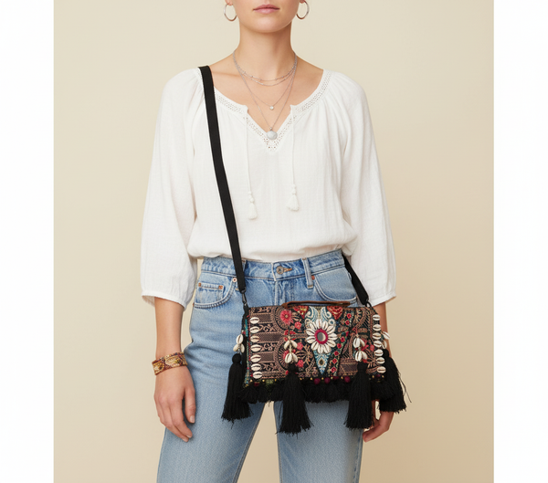 Shell Tassel Ratrani crossbody bag front view — Mystic Dhaga