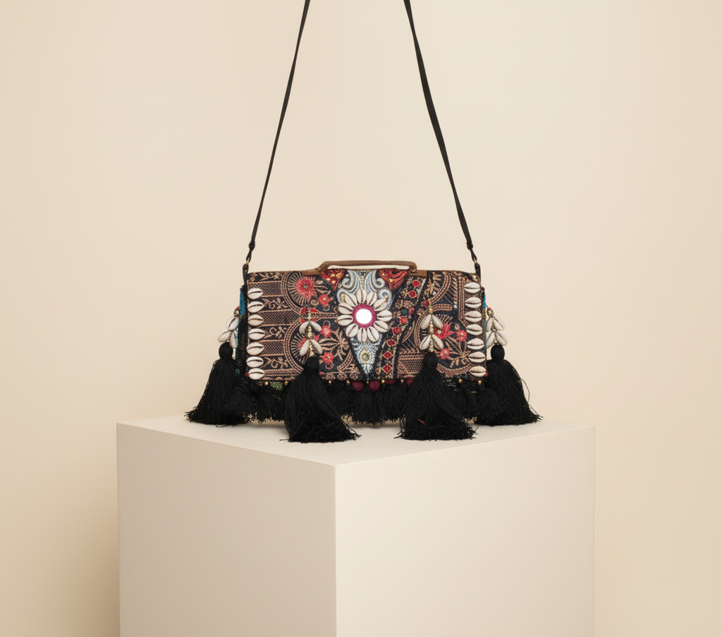 Model walking with Shell Tassel Ratrani crossbody bag — lifestyle shot