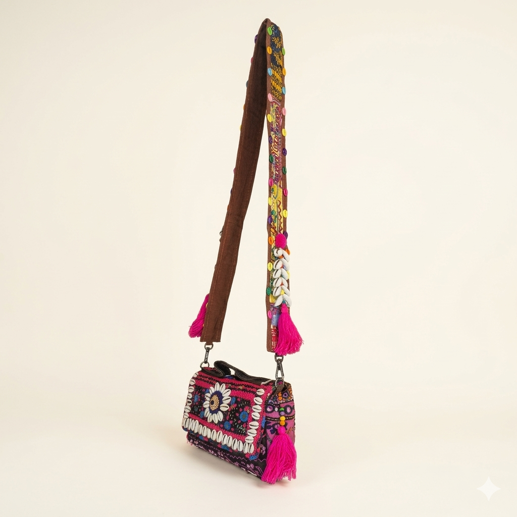 Close-up of Kajariya cowrie shell & tassel detail