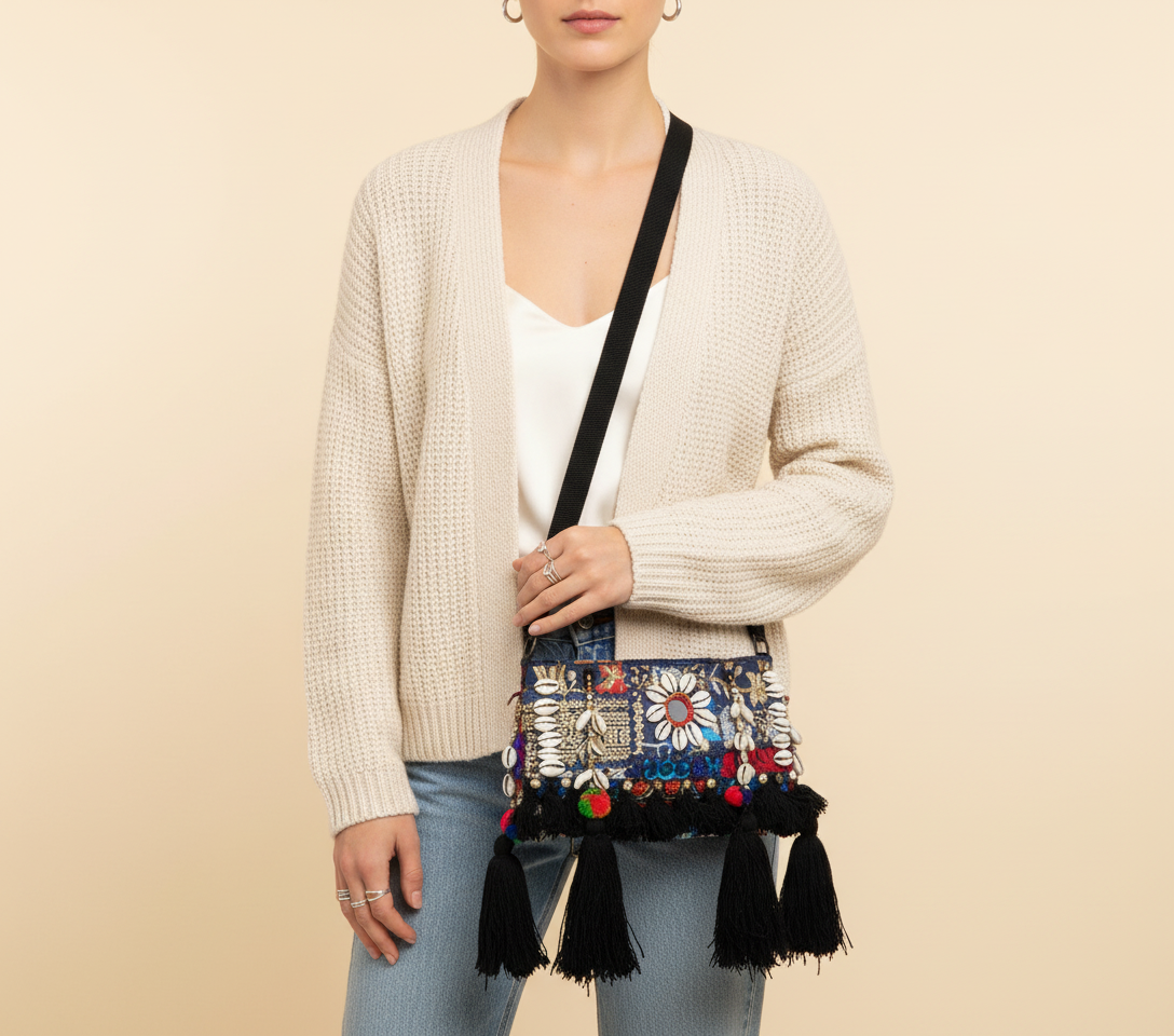 Shell Tassel Kali Rangoli crossbody bag front view — Mystic Dhaga