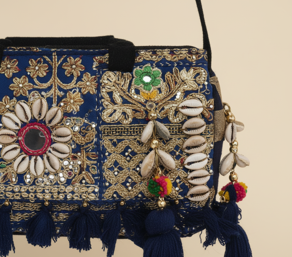 Shell Tassel Neel Leher crossbody bag side view showing depth
