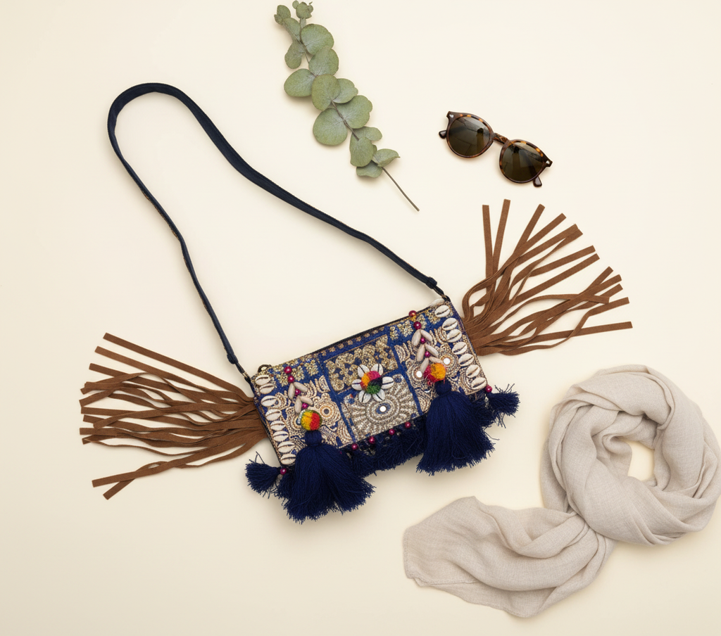 Shell Tassel Samudra crossbody bag front view — Mystic Dhaga