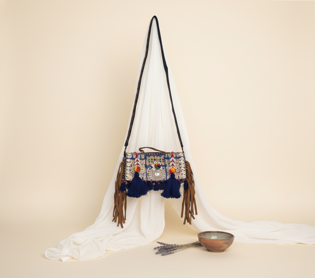 Model carrying Shell Tassel Samudra crossbody bag — boho style