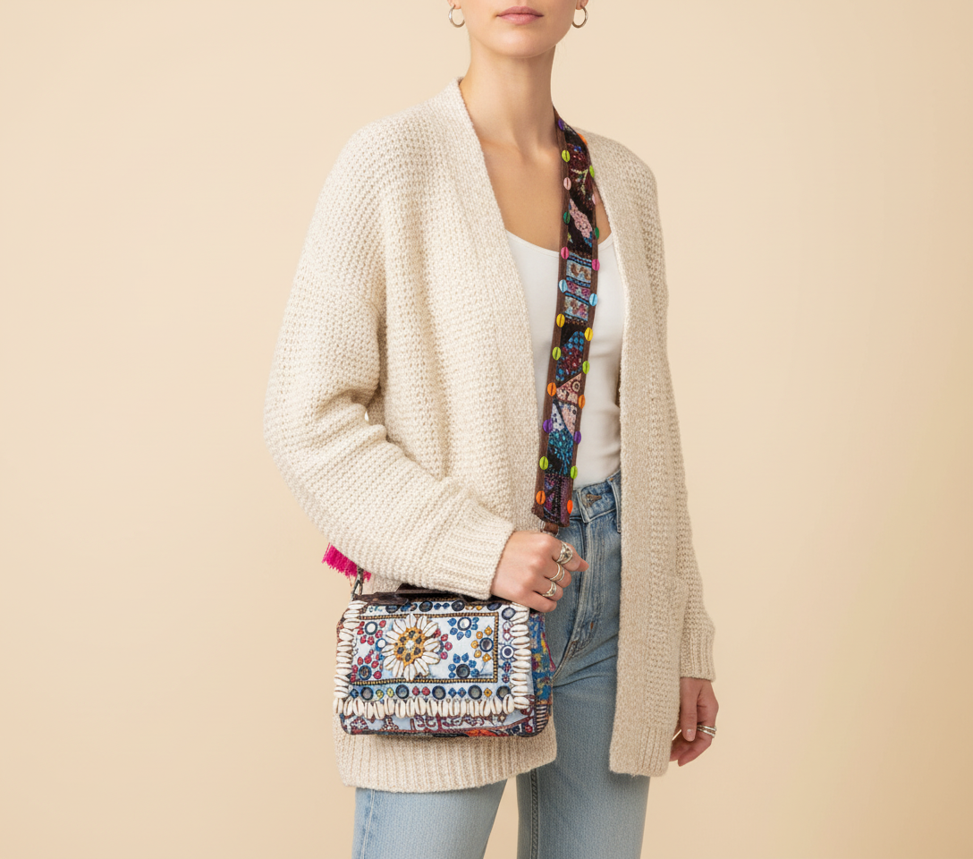 Shell Tassel Neelam crossbody bag front view — Mystic Dhaga