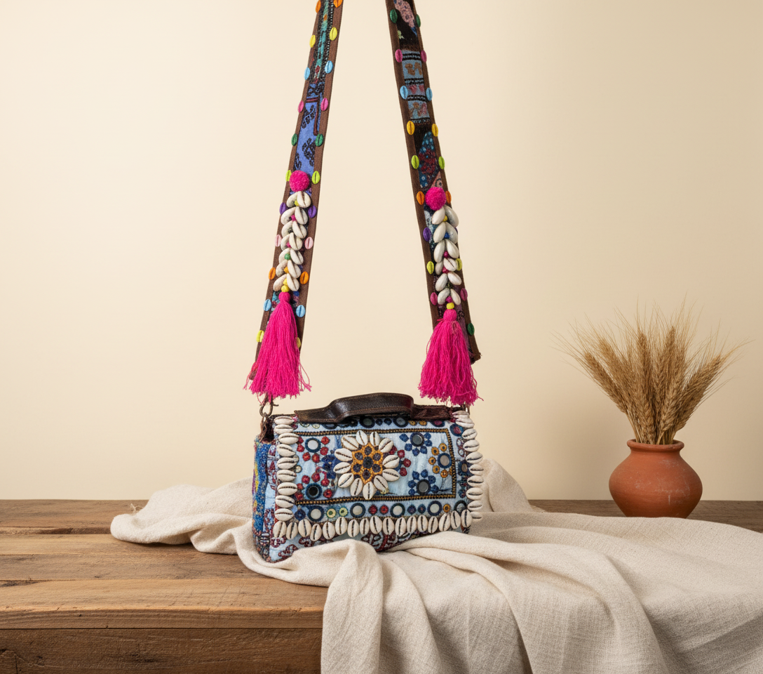 Shell Tassel Neelam crossbody bag side view showing depth