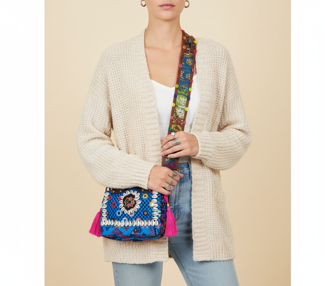 Shell Tassel Neel Mani crossbody bag front view — Mystic Dhaga