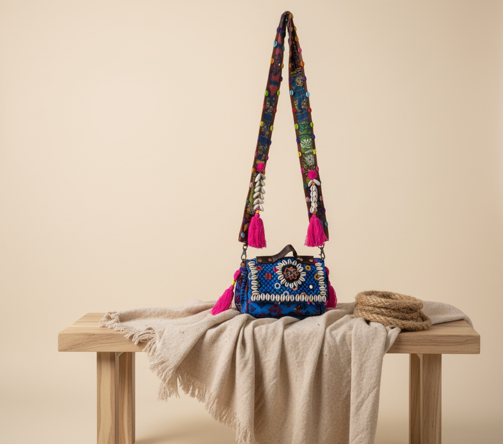 Close-up of Neel Mani cowrie shell & tassel detail