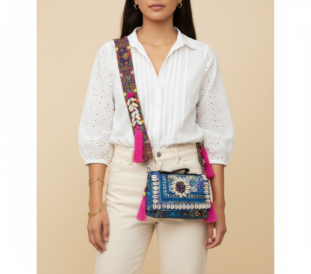 Shell Tassel Meenakari crossbody bag side view showing depth