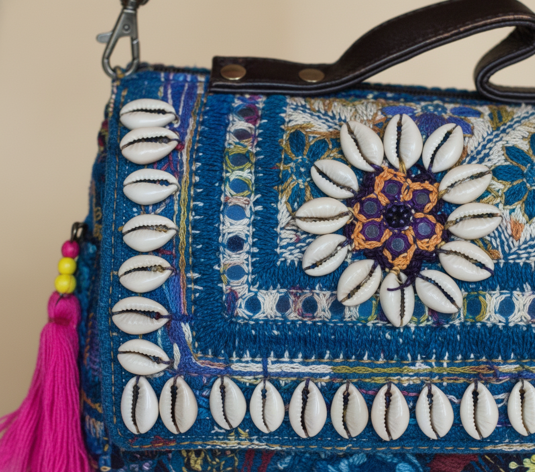 Shell Tassel Meenakari crossbody bag isometric angle