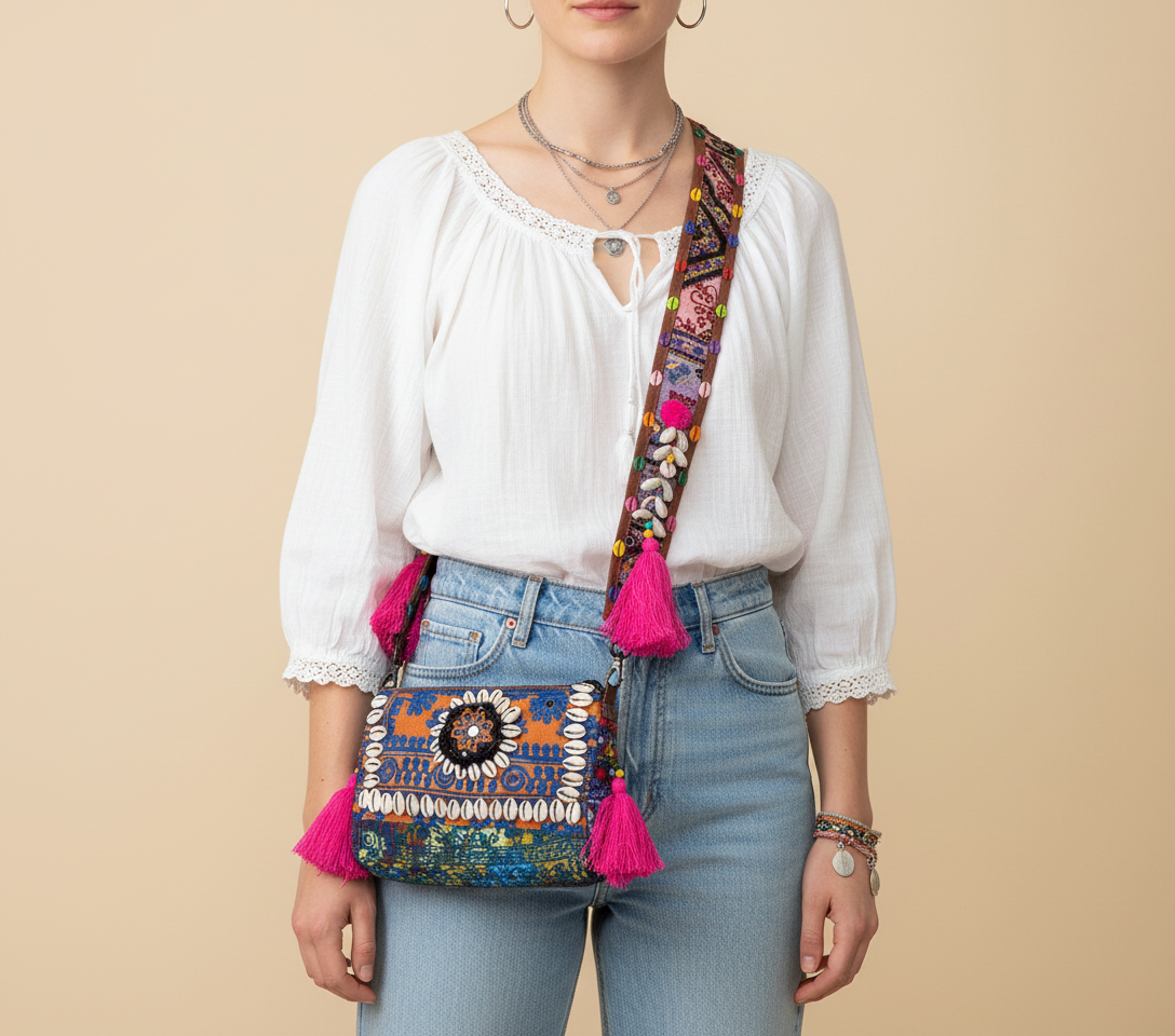 Shell Tassel Aparajita crossbody bag front view — Mystic Dhaga