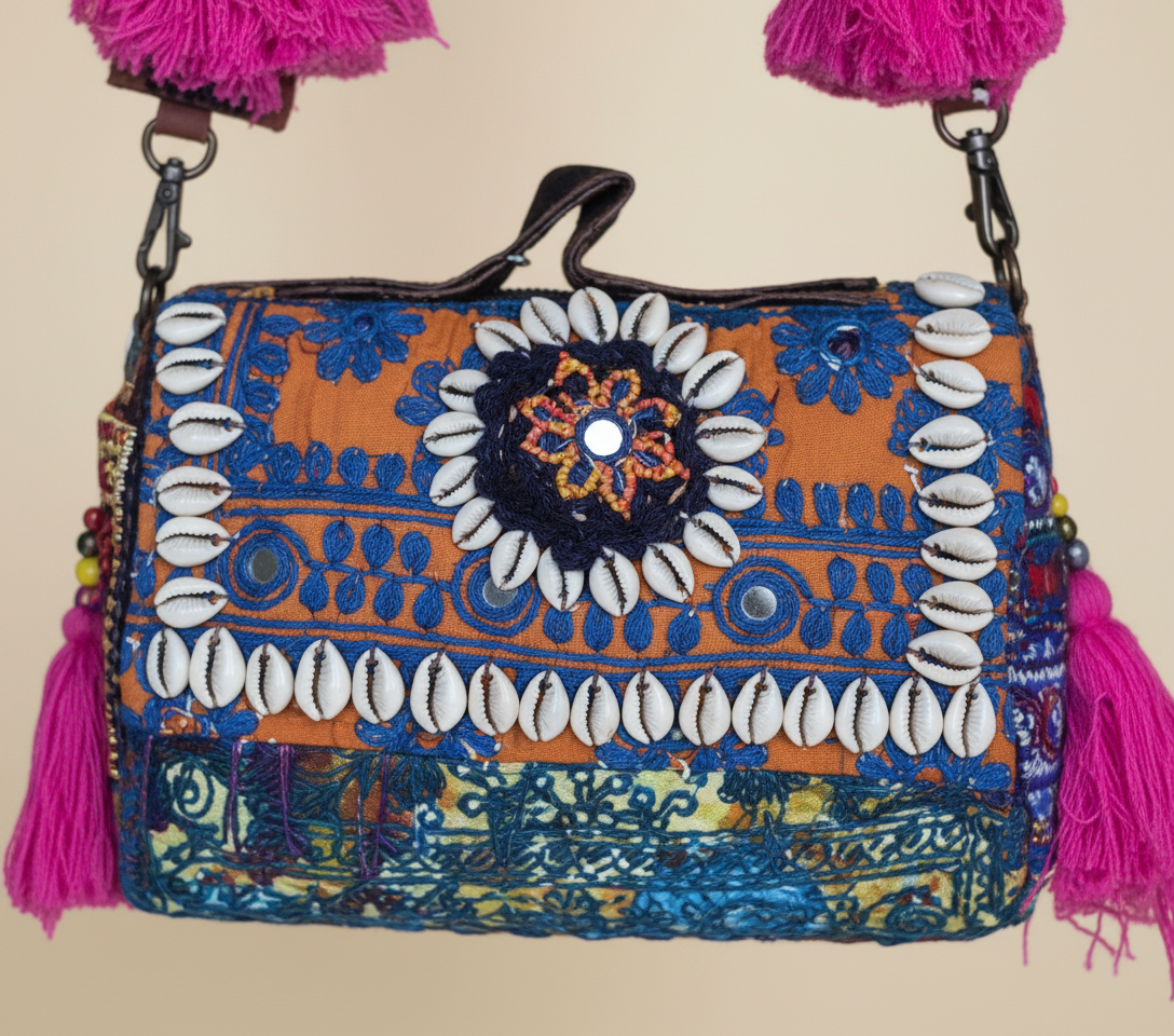 Shell Tassel Aparajita crossbody bag side view showing depth