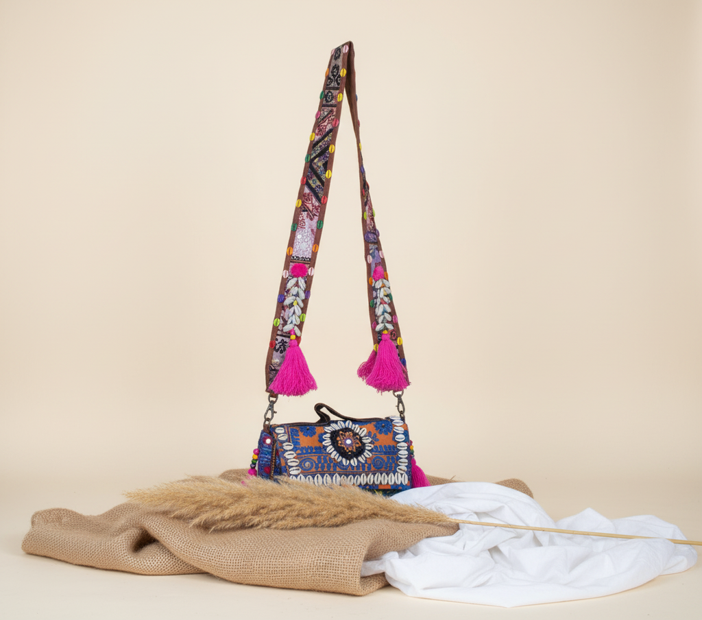 Close-up of Aparajita cowrie shell & tassel detail