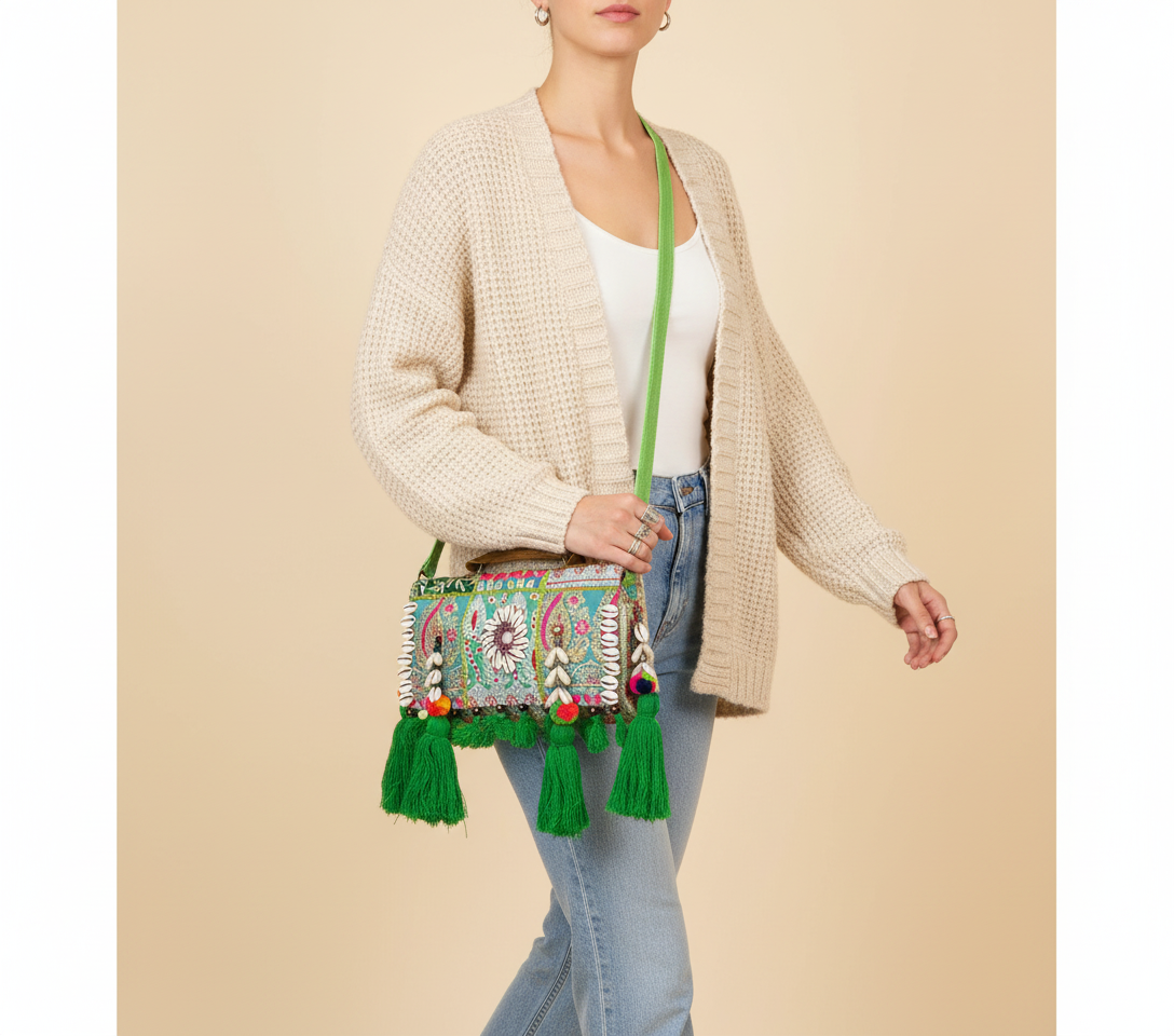Shell Tassel Tulsi crossbody bag front view — Mystic Dhaga