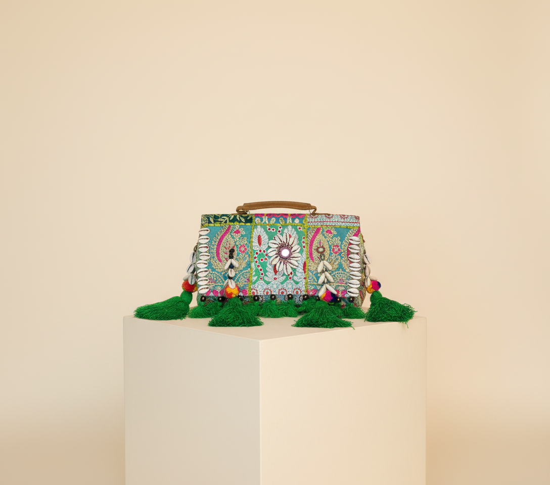 Shell Tassel Tulsi crossbody bag side view showing depth