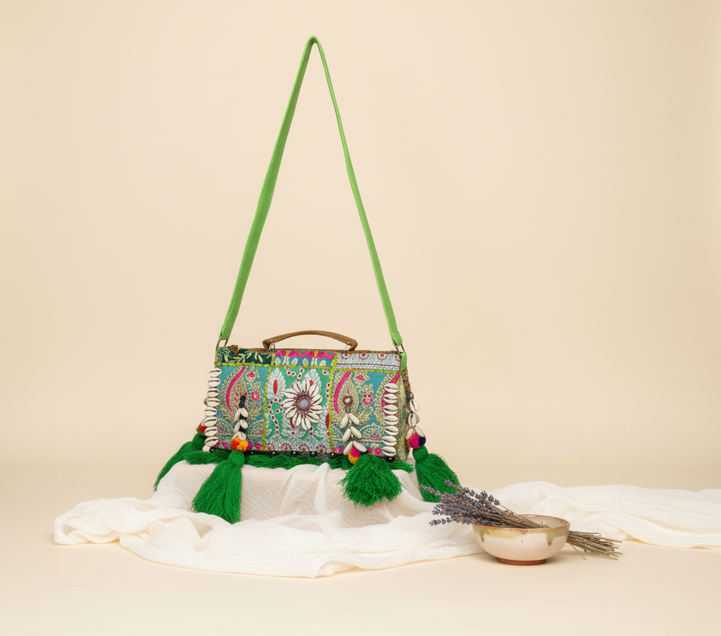 Model carrying Shell Tassel Tulsi crossbody bag — boho style