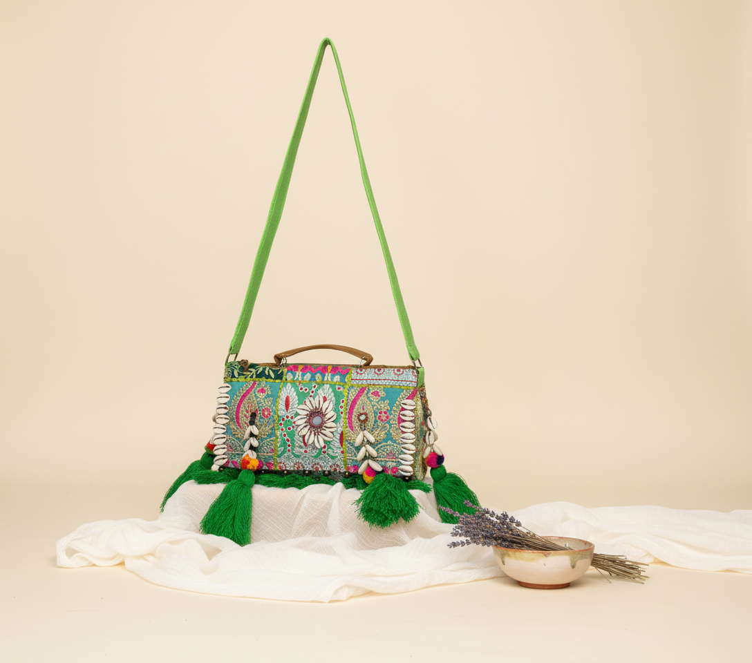 Model carrying Shell Tassel Tulsi crossbody bag — boho style