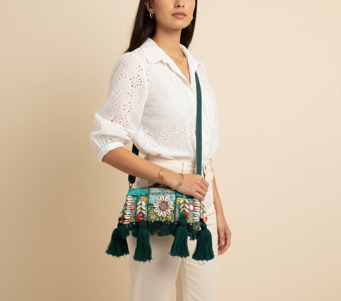 Shell Tassel Panna crossbody bag front view — Mystic Dhaga