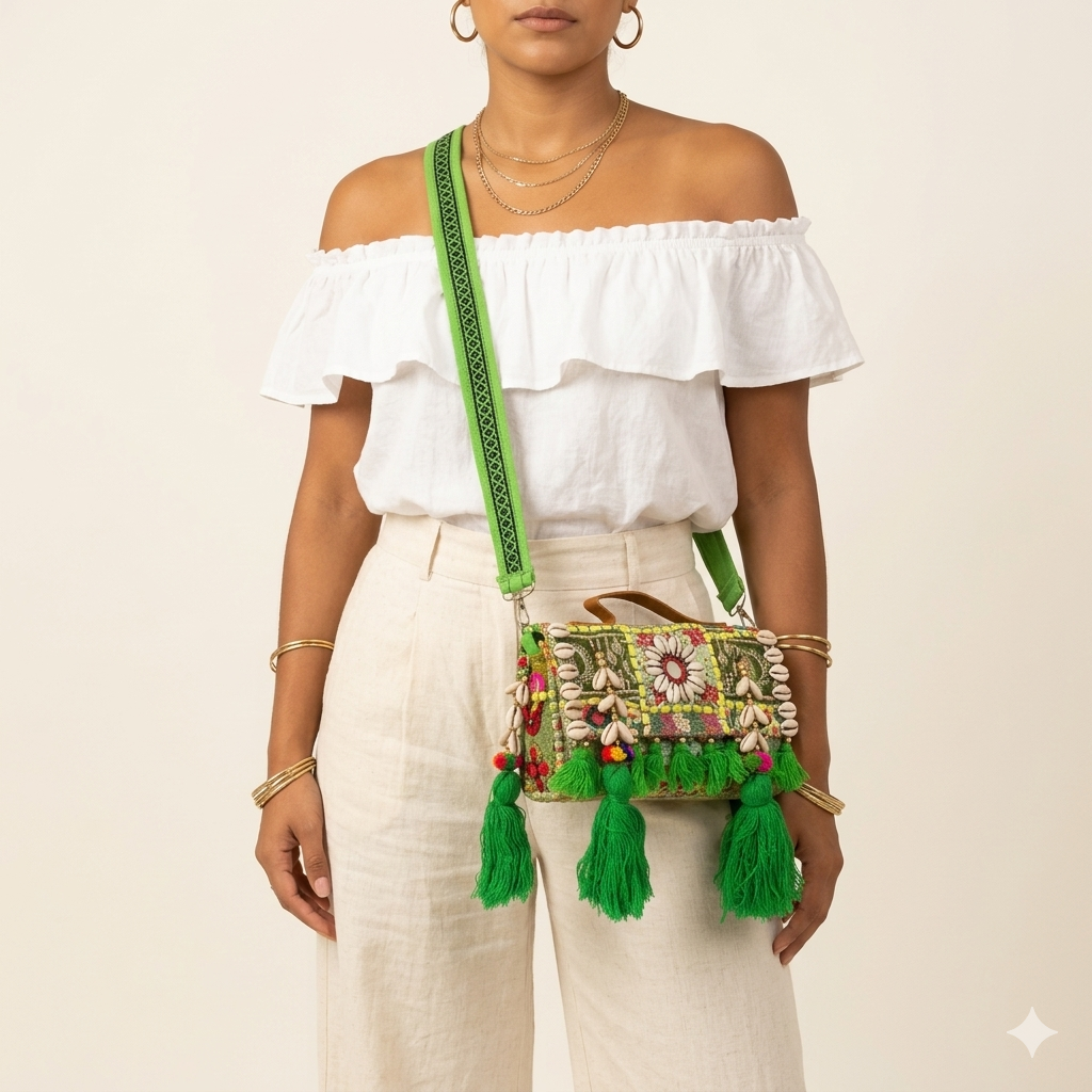 Shell Tassel Haritima crossbody bag front view — Mystic Dhaga