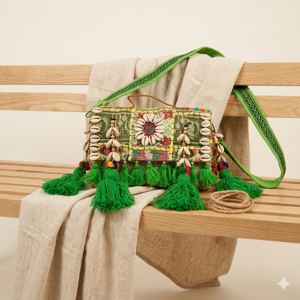 Shell Tassel Haritima crossbody bag side view showing depth