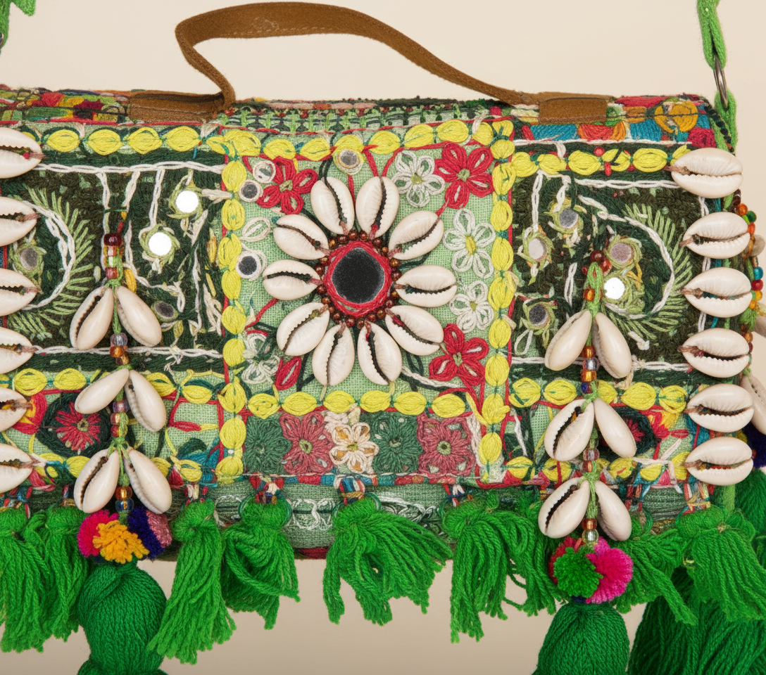 Close-up of Haritima cowrie shell & tassel detail