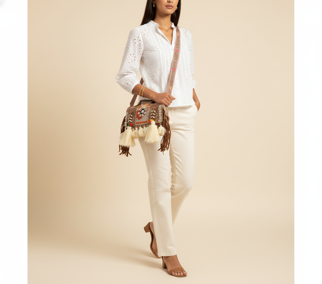 Shell Tassel Moti crossbody bag front view — Mystic Dhaga