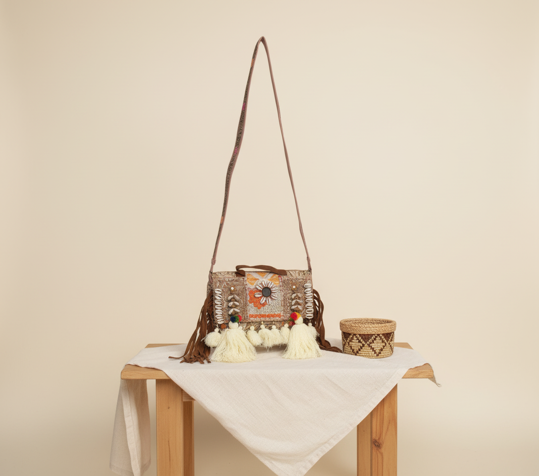 Shell Tassel Moti crossbody bag side view showing depth