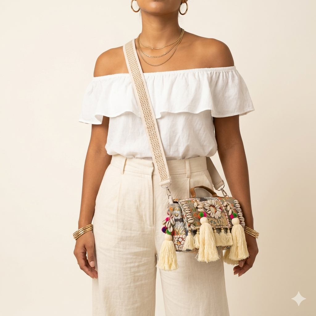 Shell Tassel Chandni crossbody bag front view — Mystic Dhaga