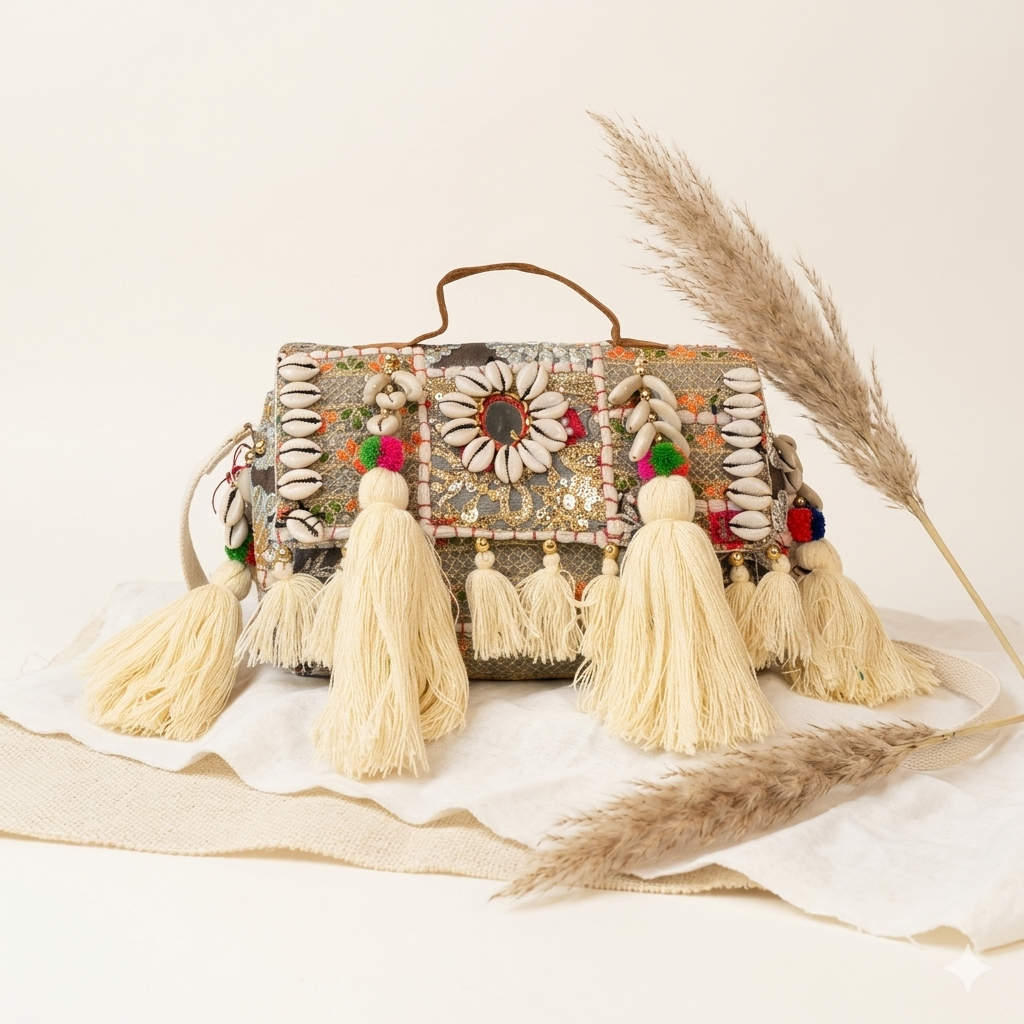 Close-up of Chandni cowrie shell & tassel detail