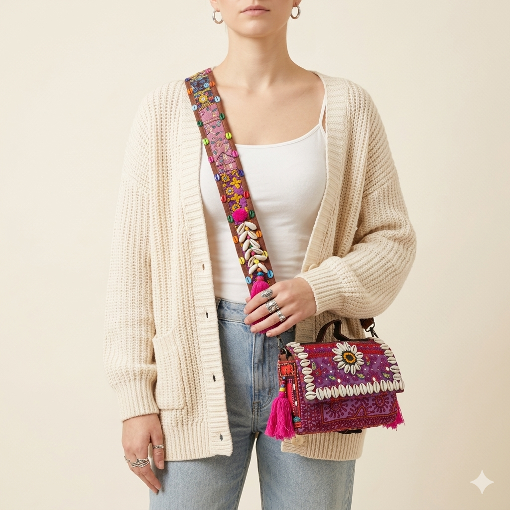 Shell Tassel Gulabi Aag crossbody bag front view — Mystic Dhaga