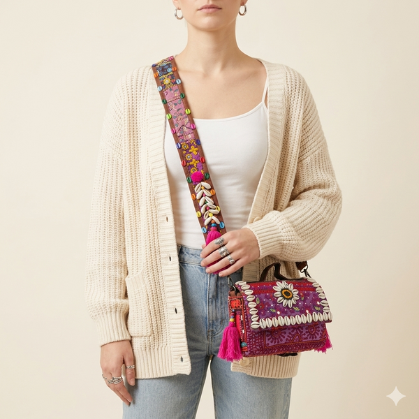 Shell Tassel Gulabi Aag crossbody bag front view — Mystic Dhaga