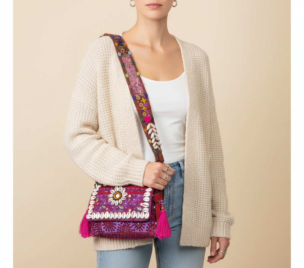 Model carrying Shell Tassel Gulabi Aag crossbody bag — boho style