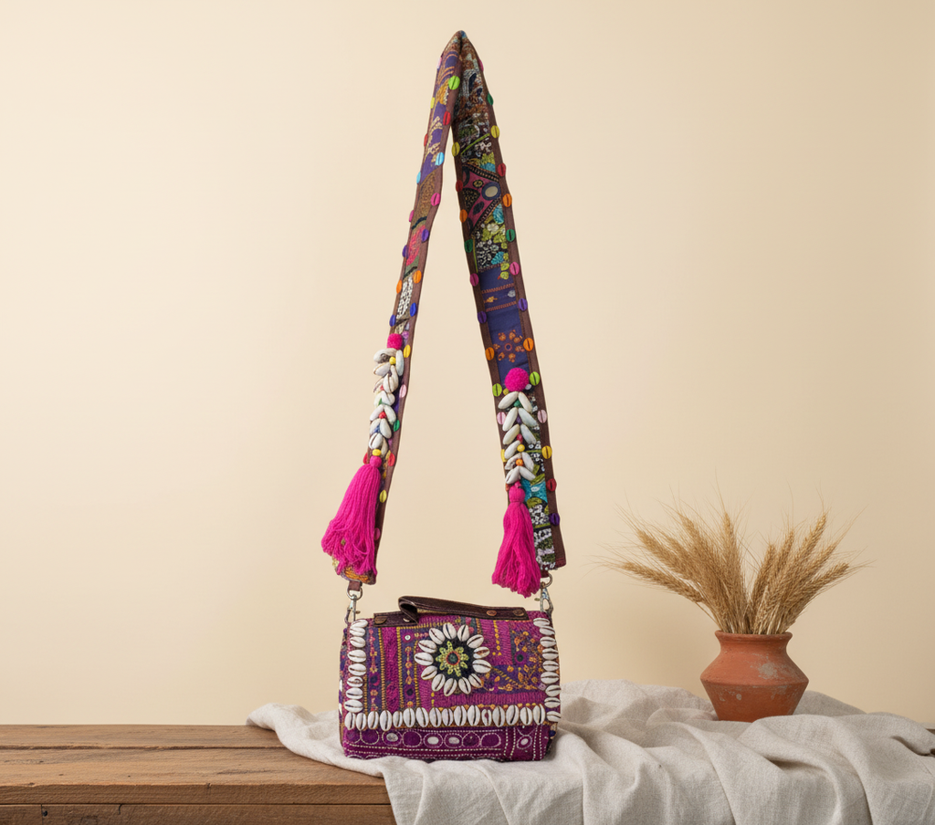 Shell Tassel Rani crossbody bag front view — Mystic Dhaga