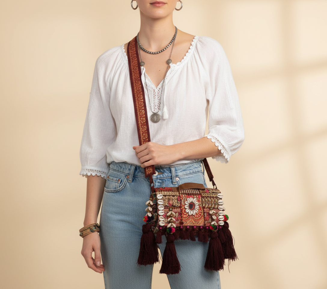 Shell Tassel Mehrunissa crossbody bag front view — Mystic Dhaga