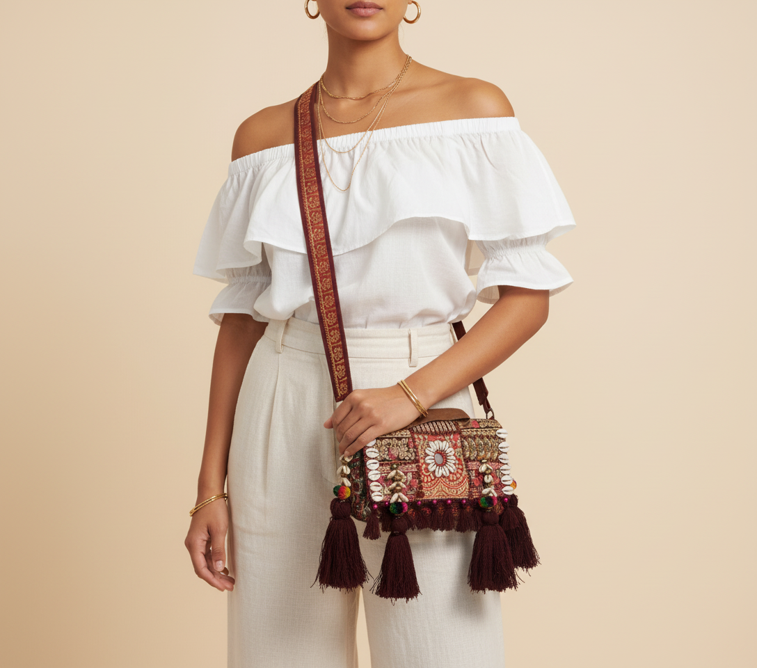 Shell Tassel Mehrunissa crossbody bag side view showing depth