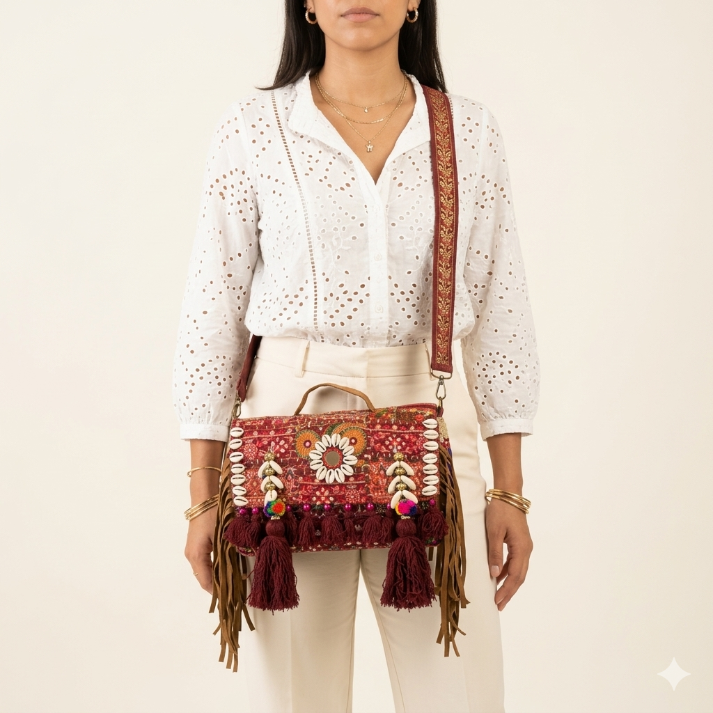 Shell Tassel Katan crossbody bag front view — Mystic Dhaga