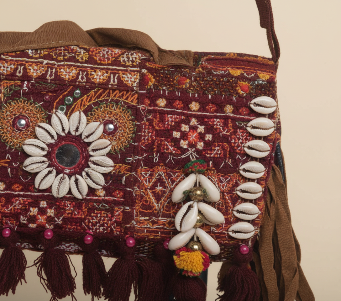 Close-up of Katan cowrie shell & tassel detail