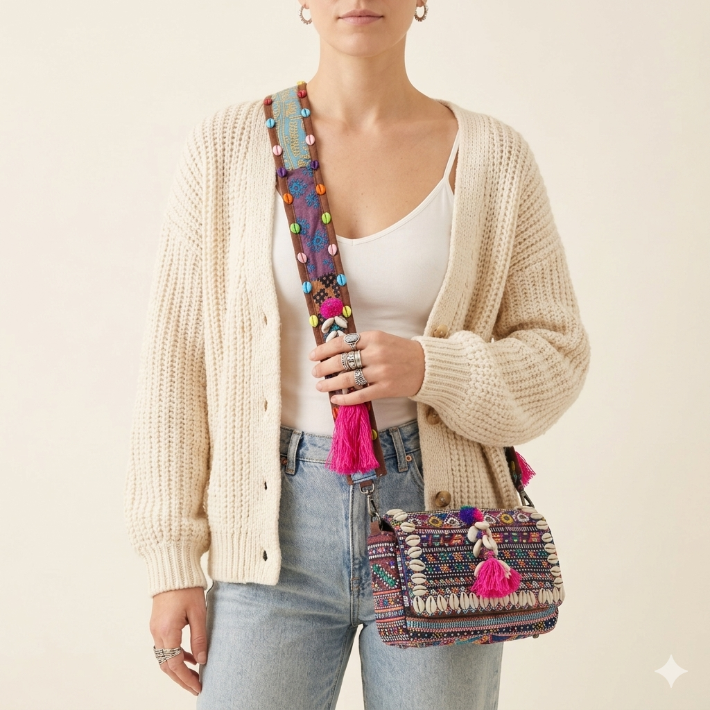 Shell Tassel Rang Mela crossbody bag front view — Mystic Dhaga