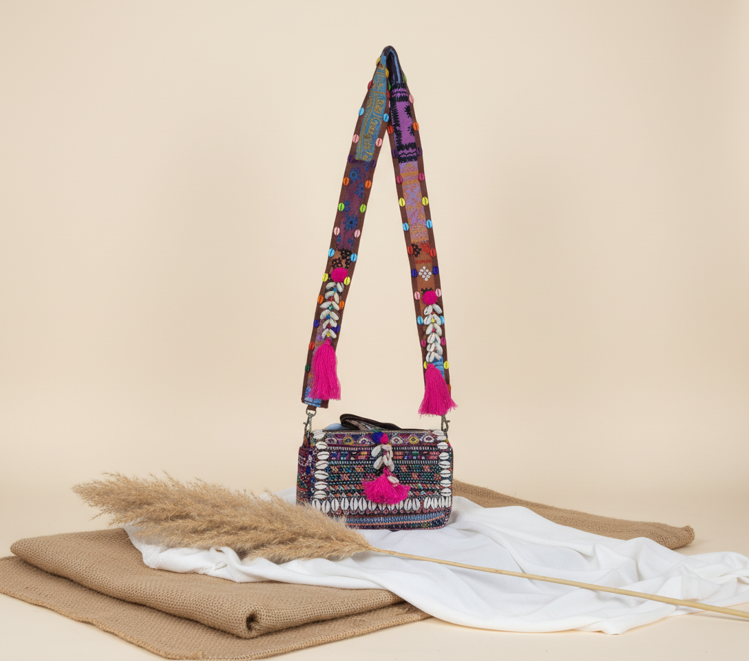 Shell Tassel Rang Mela crossbody bag side view showing depth