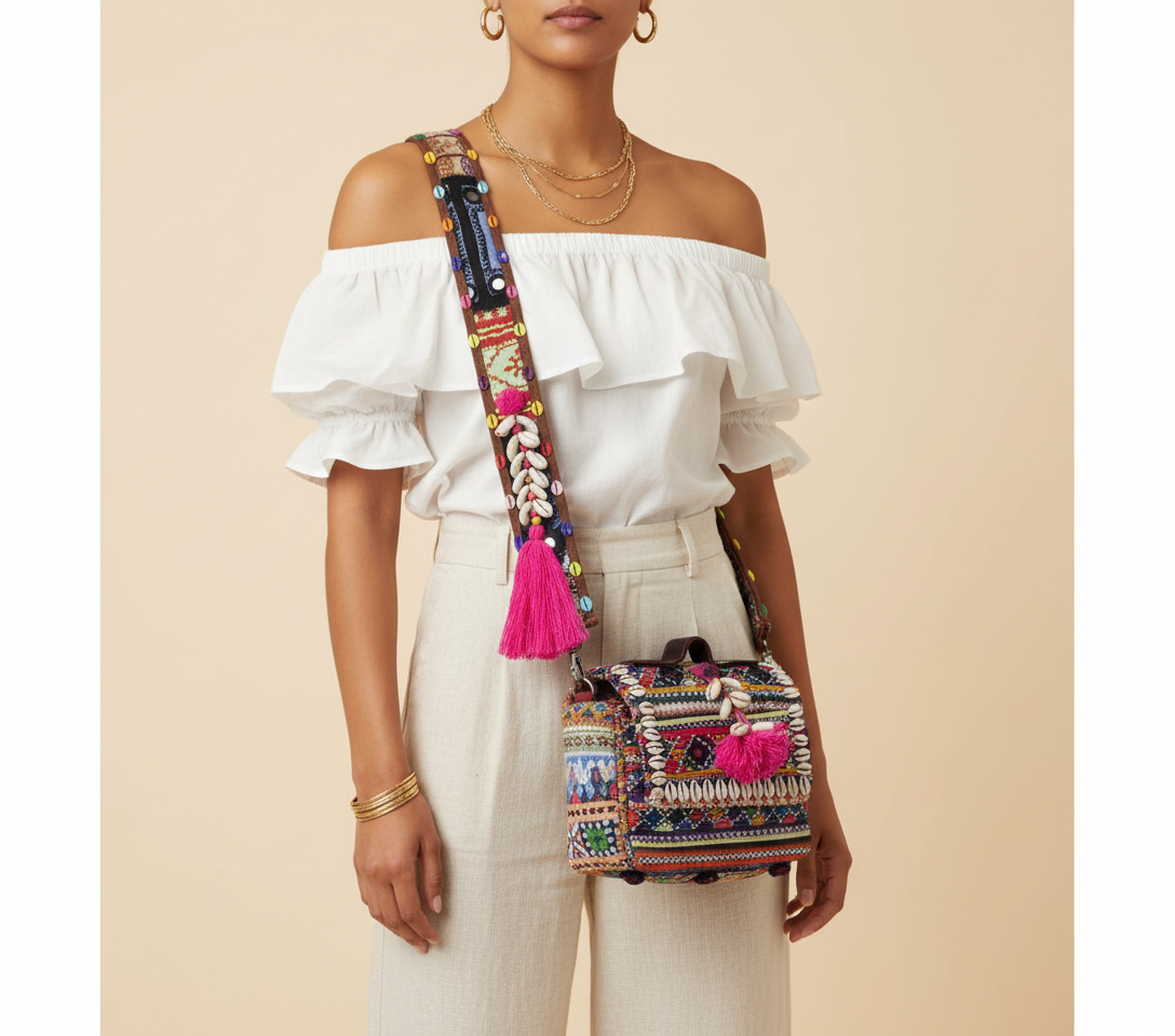 Shell Tassel Chitra crossbody bag front view — Mystic Dhaga