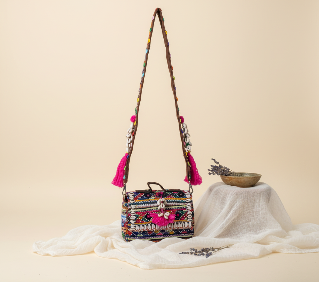 Shell Tassel Chitra crossbody bag side view showing depth