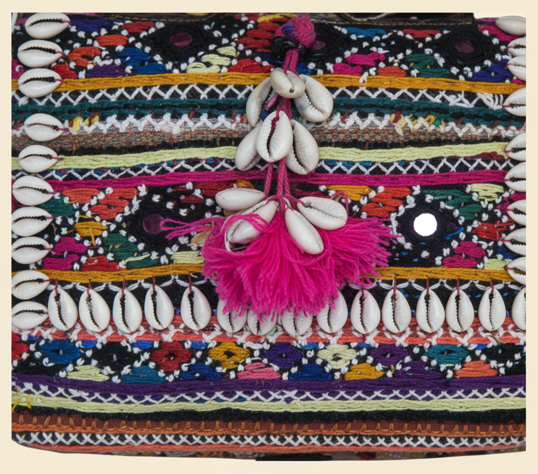 Close-up of Chitra cowrie shell & tassel detail