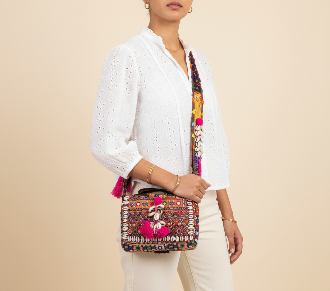 Shell Tassel Gudri crossbody bag front view — Mystic Dhaga