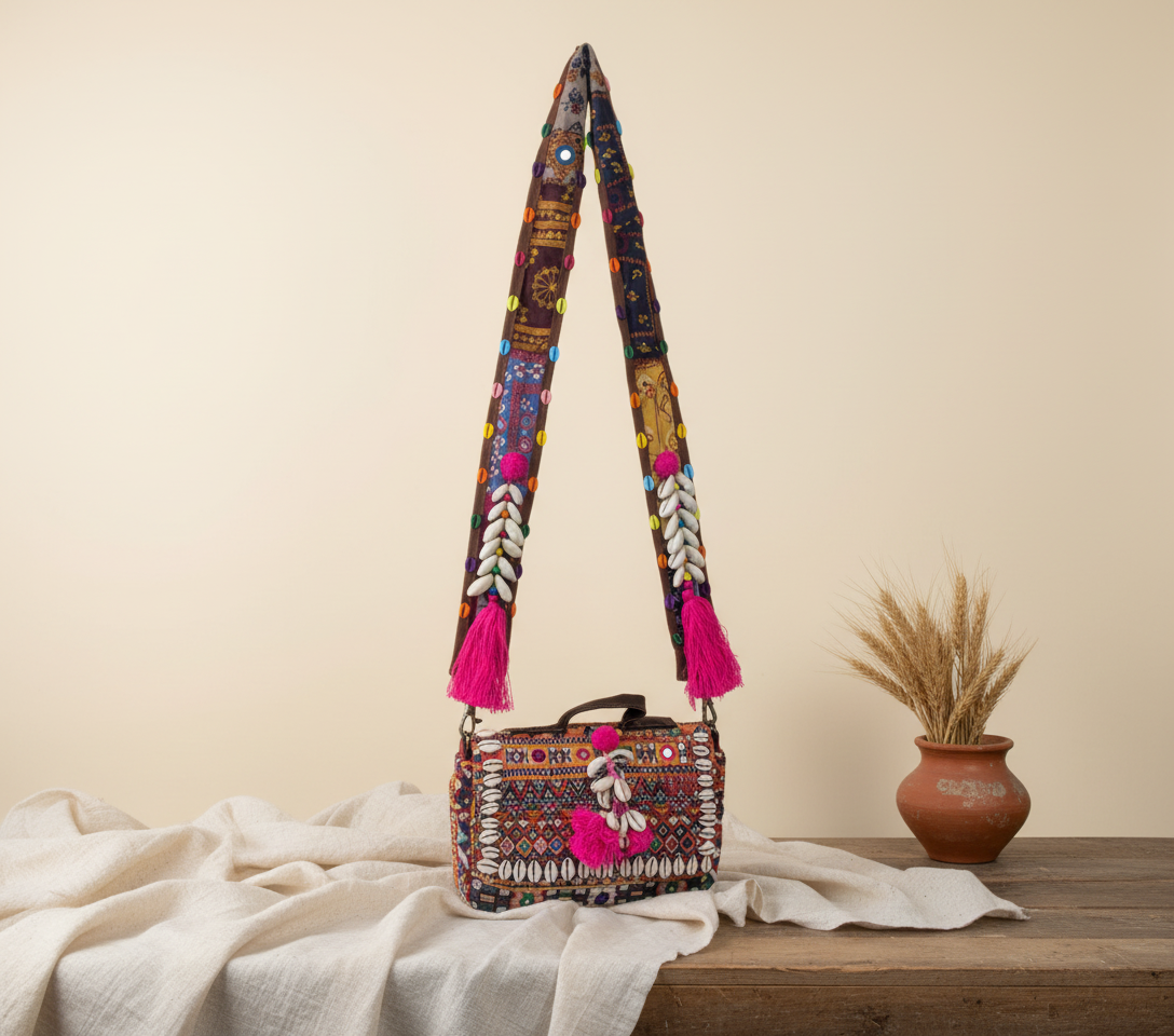 Shell Tassel Gudri crossbody bag side view showing depth