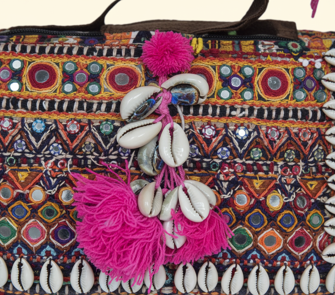 Close-up of Gudri cowrie shell & tassel detail
